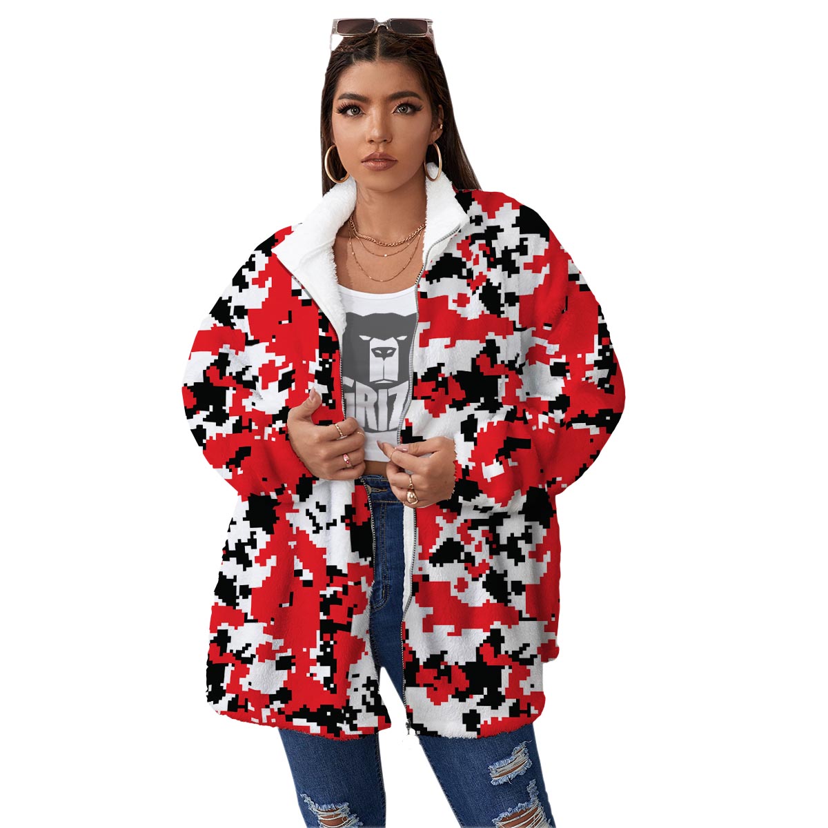 Digital Camo Red White And Black Print Pattern Women's Sherpa Jacket-grizzshop