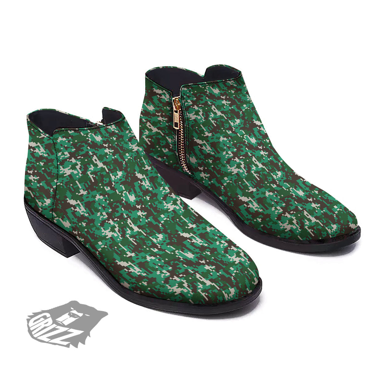 Digital Camo White And Green Print Ankle Boots-grizzshop