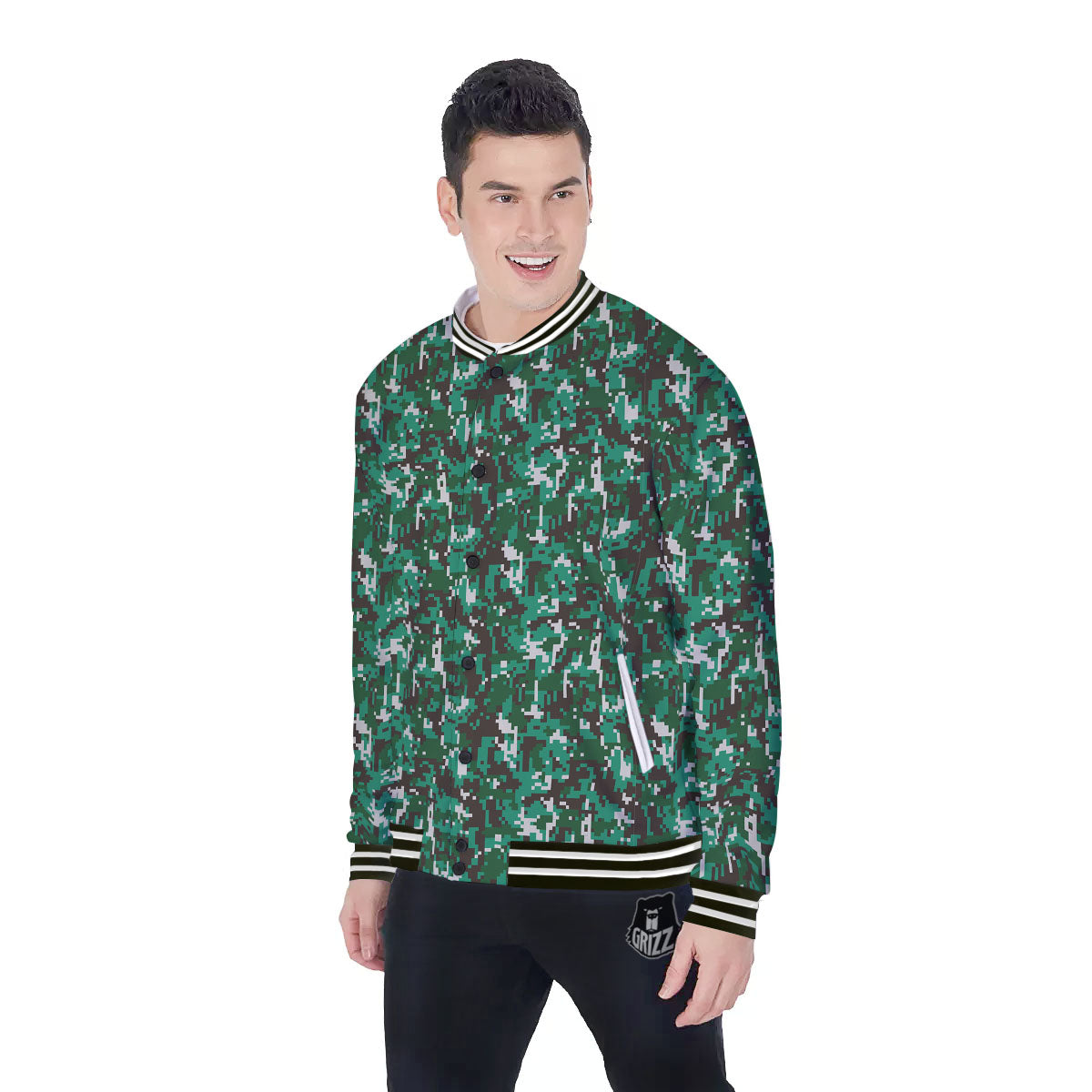 Digital Camo White And Green Print Baseball Jacket-grizzshop
