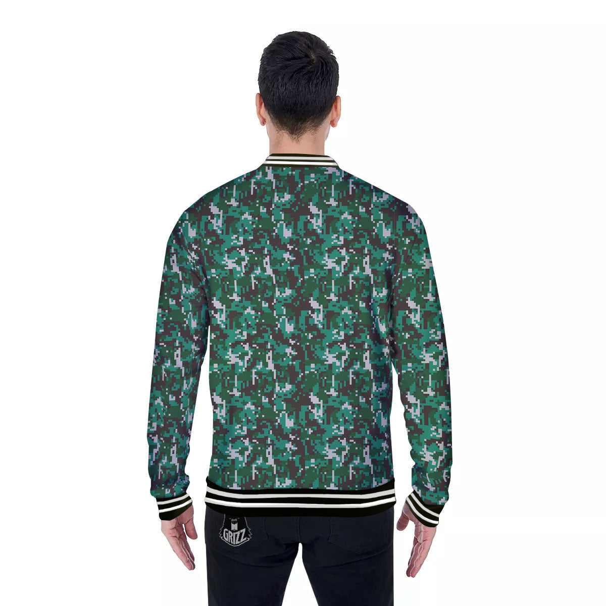 Digital Camo White And Green Print Baseball Jacket-grizzshop