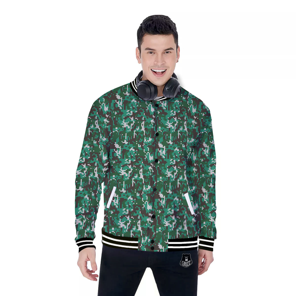 Digital Camo White And Green Print Baseball Jacket-grizzshop