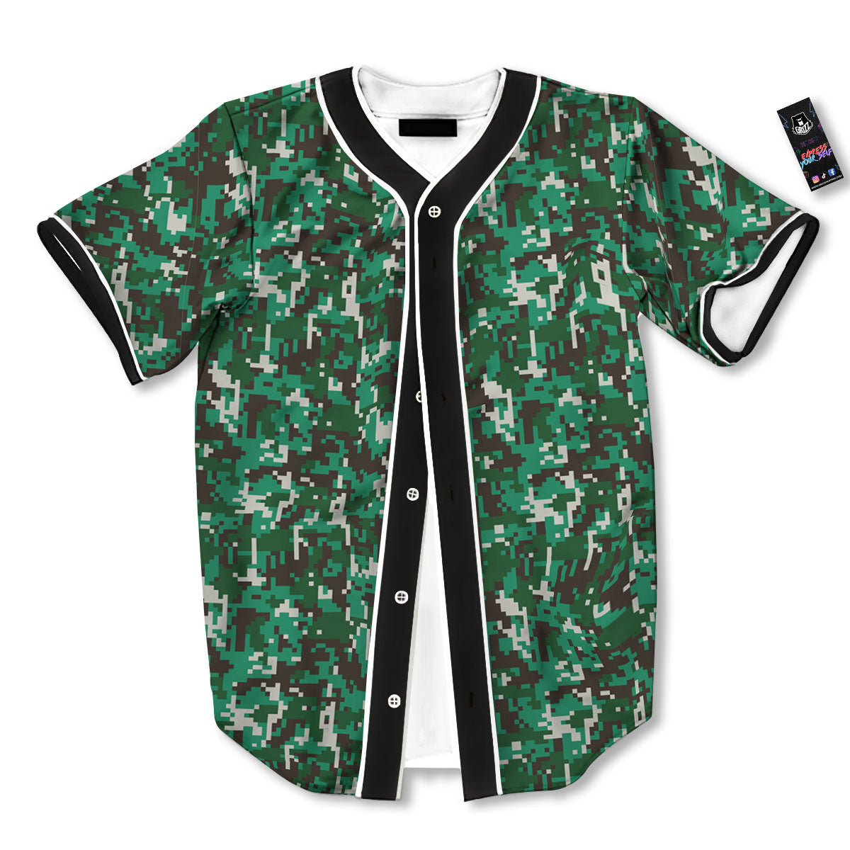 Digital Camo White And Green Print Baseball Jersey-grizzshop