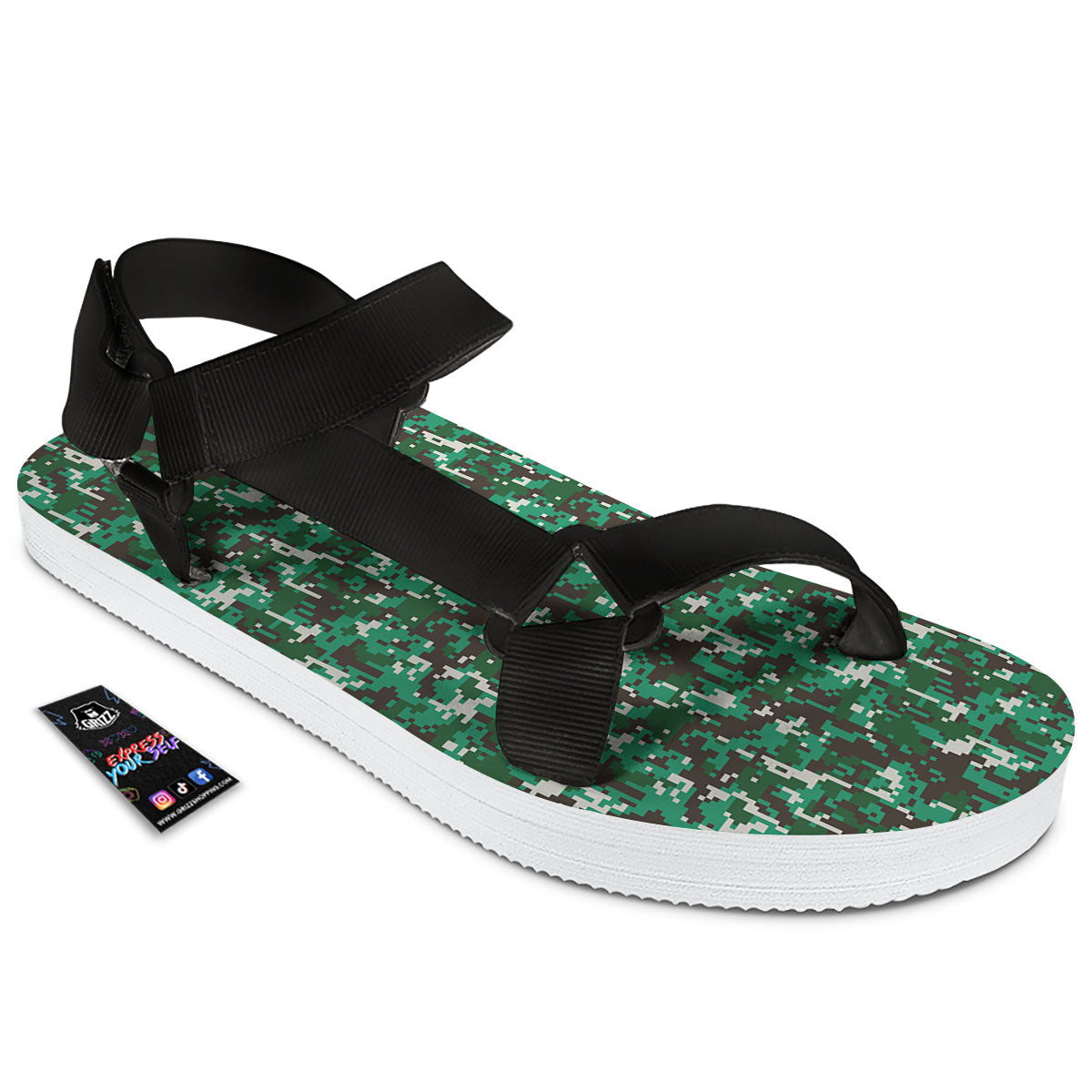 Digital Camo White And Green Print Black Open Toe Sandals-grizzshop