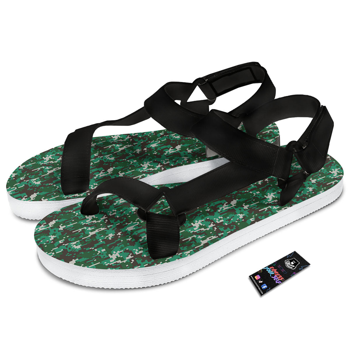 Digital Camo White And Green Print Black Open Toe Sandals-grizzshop