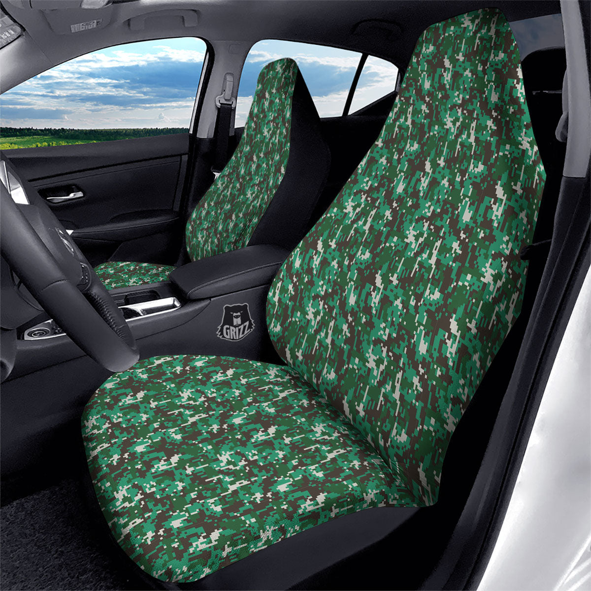 Digital Camo White And Green Print Car Seat Covers-grizzshop