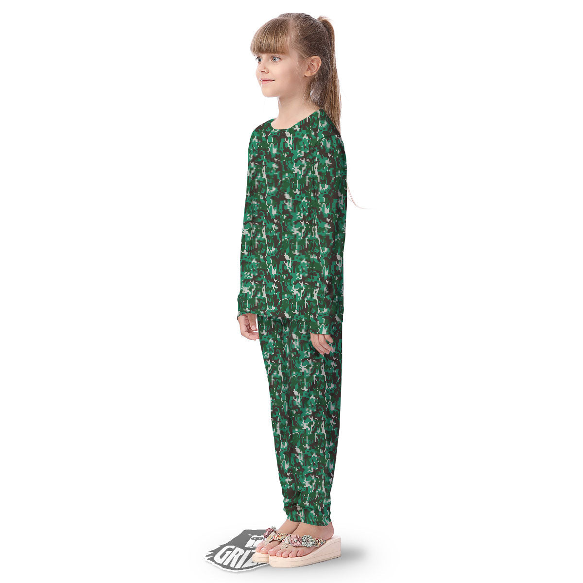 Digital Camo White And Green Print Kid's Pajamas-grizzshop