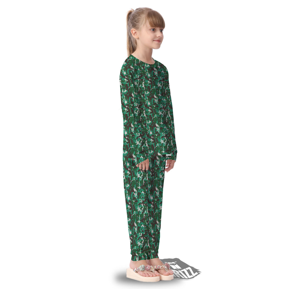 Digital Camo White And Green Print Kid's Pajamas-grizzshop