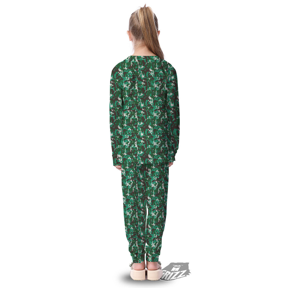 Digital Camo White And Green Print Kid's Pajamas-grizzshop