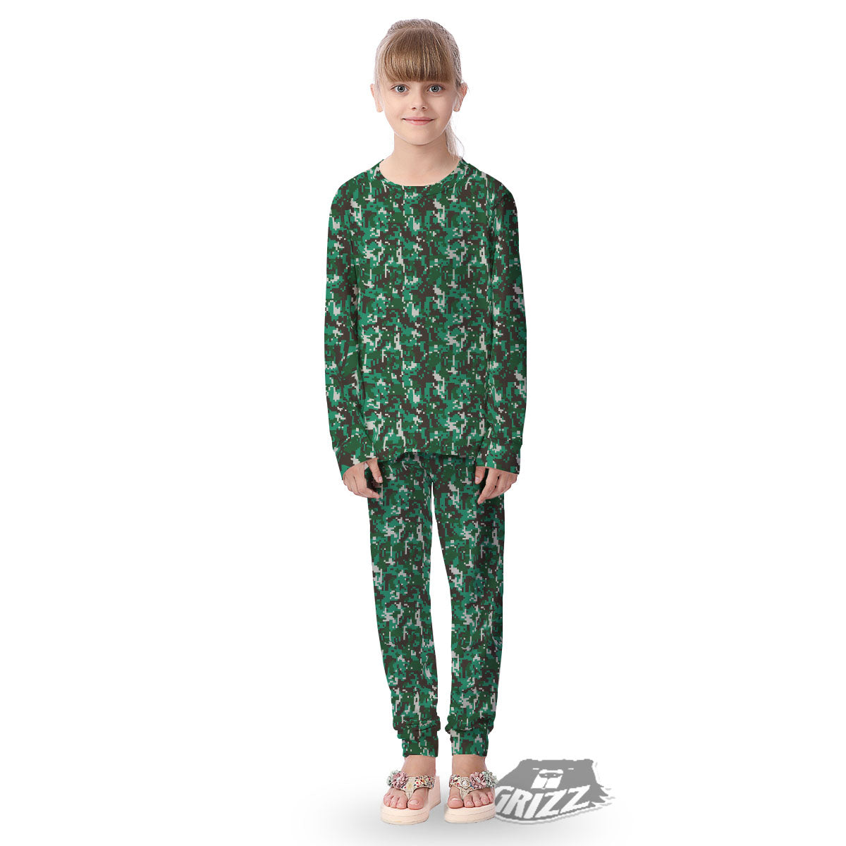 Digital Camo White And Green Print Kid's Pajamas-grizzshop
