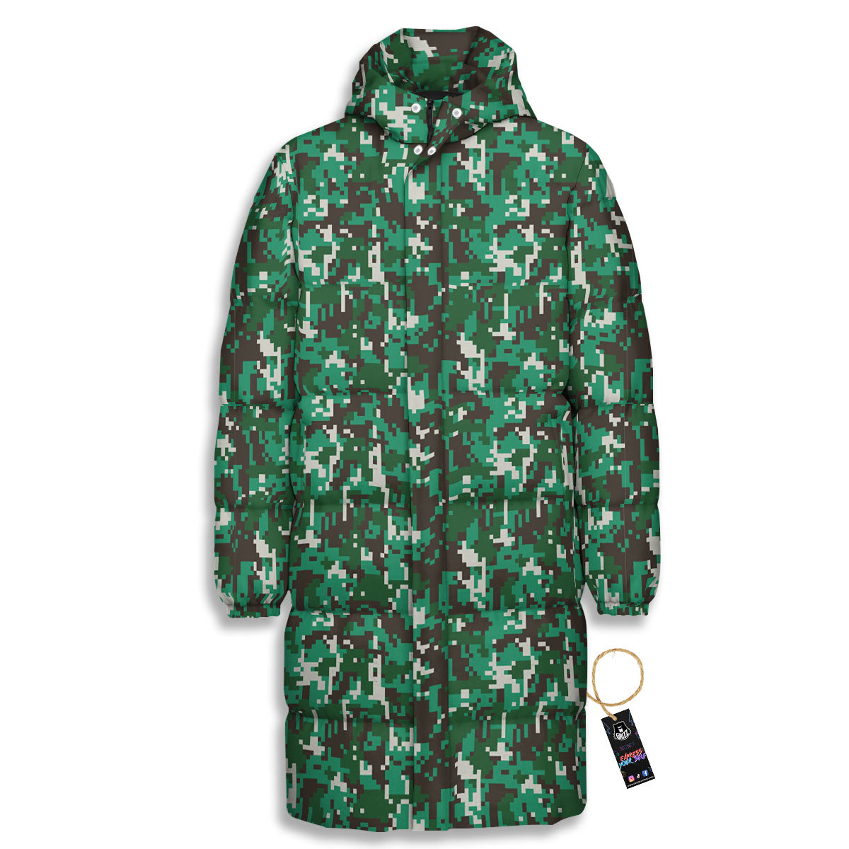 Digital Camo White And Green Print Long Down Jacket-grizzshop