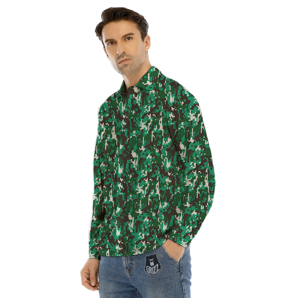 Digital Camo White And Green Print Men's Dress Shirts-grizzshop