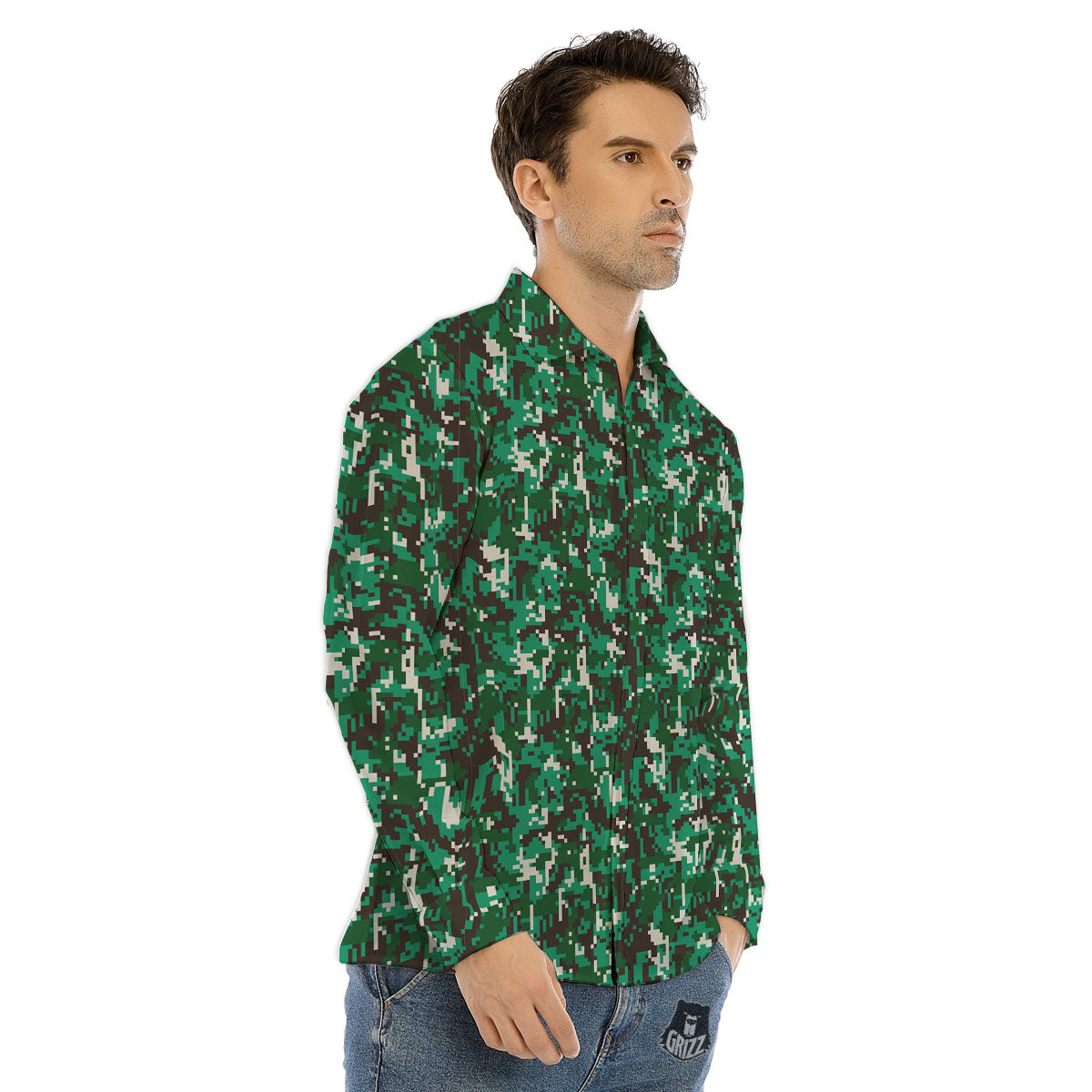 Digital Camo White And Green Print Men's Dress Shirts-grizzshop