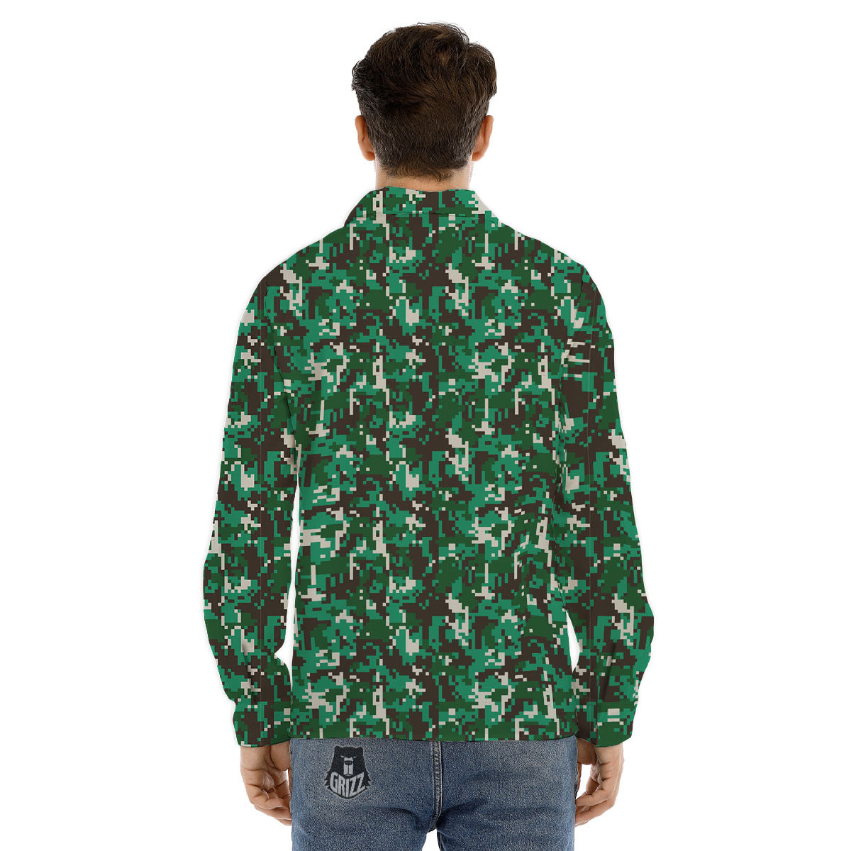Digital Camo White And Green Print Men's Dress Shirts-grizzshop