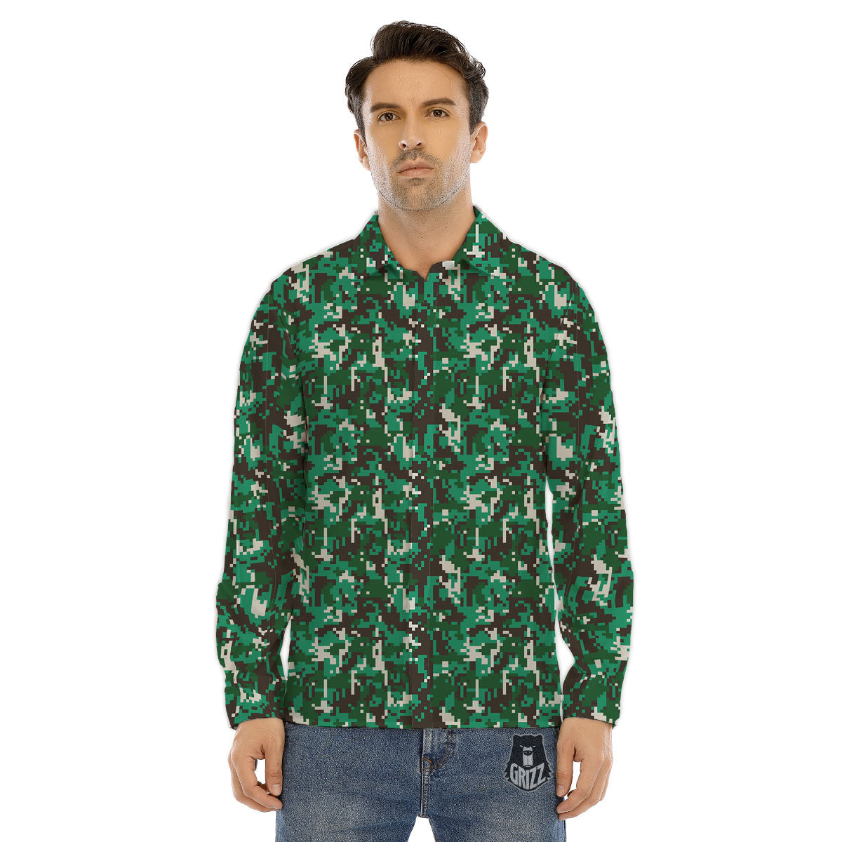 Digital Camo White And Green Print Men's Dress Shirts-grizzshop