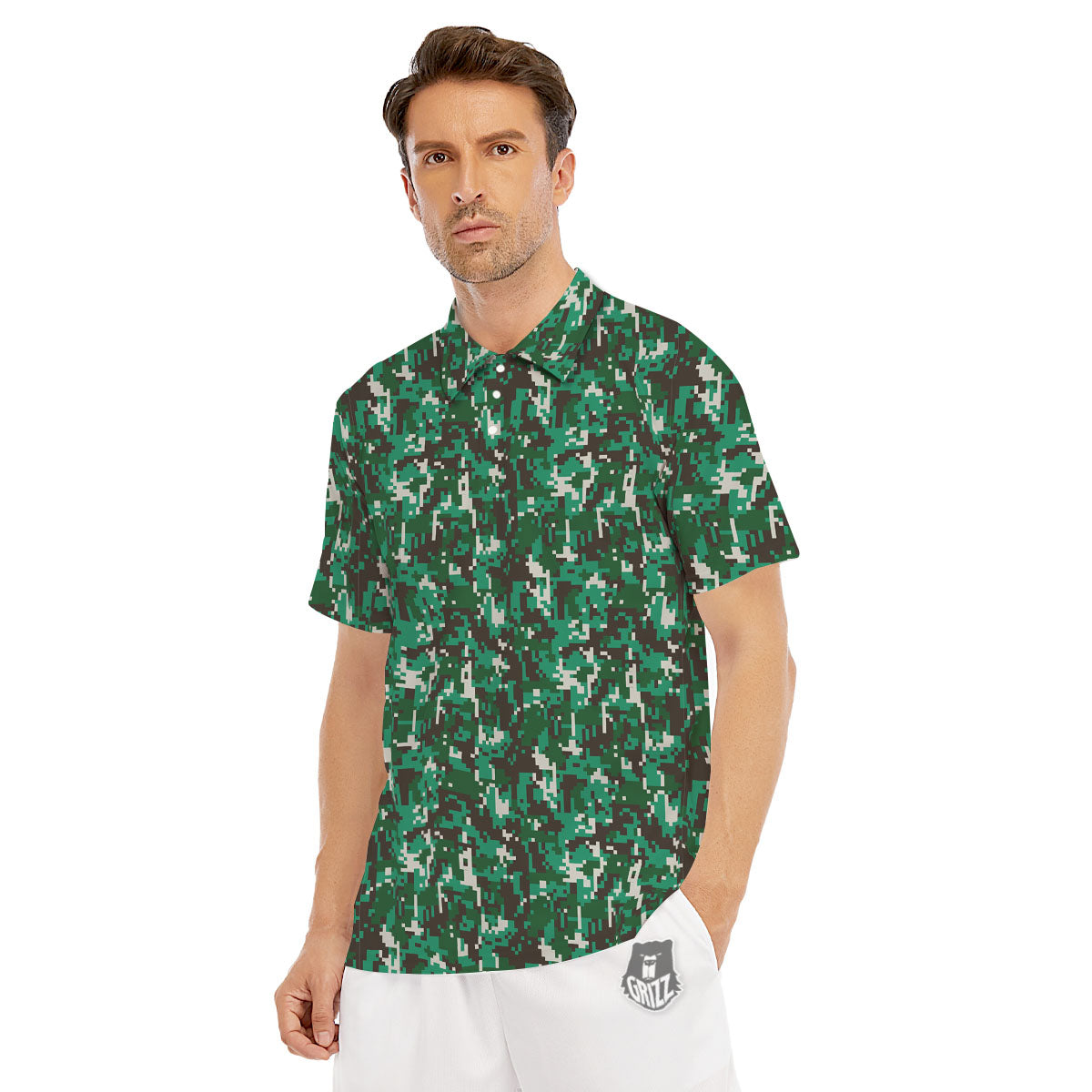 Digital Camo White And Green Print Men's Golf Shirts-grizzshop