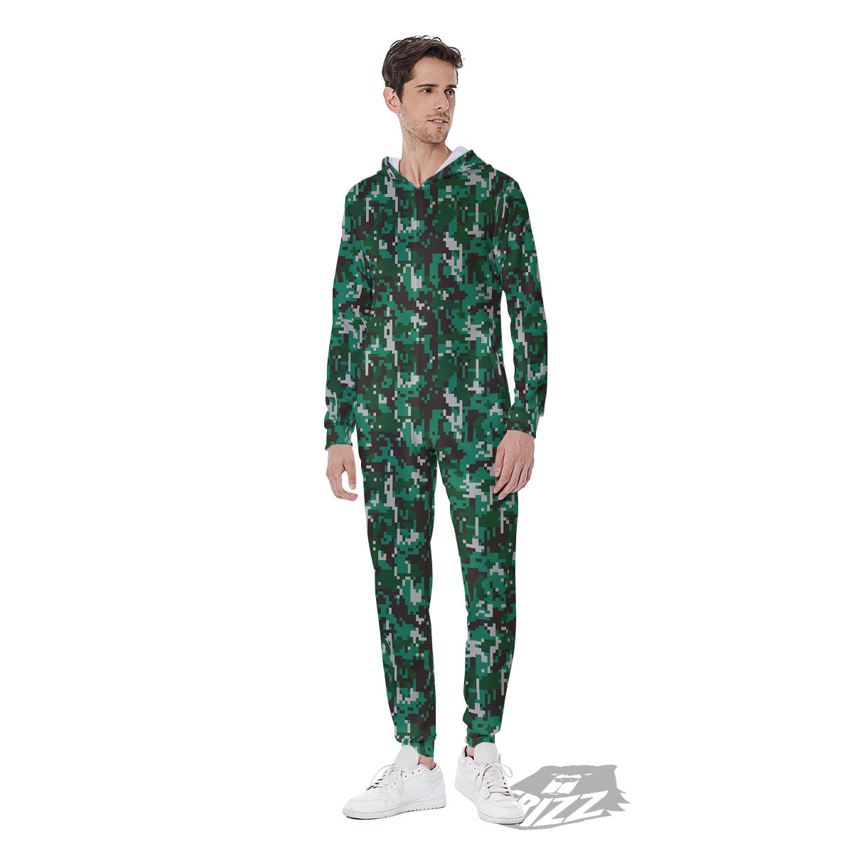 Digital Camo White And Green Print Men's Jumpsuit-grizzshop
