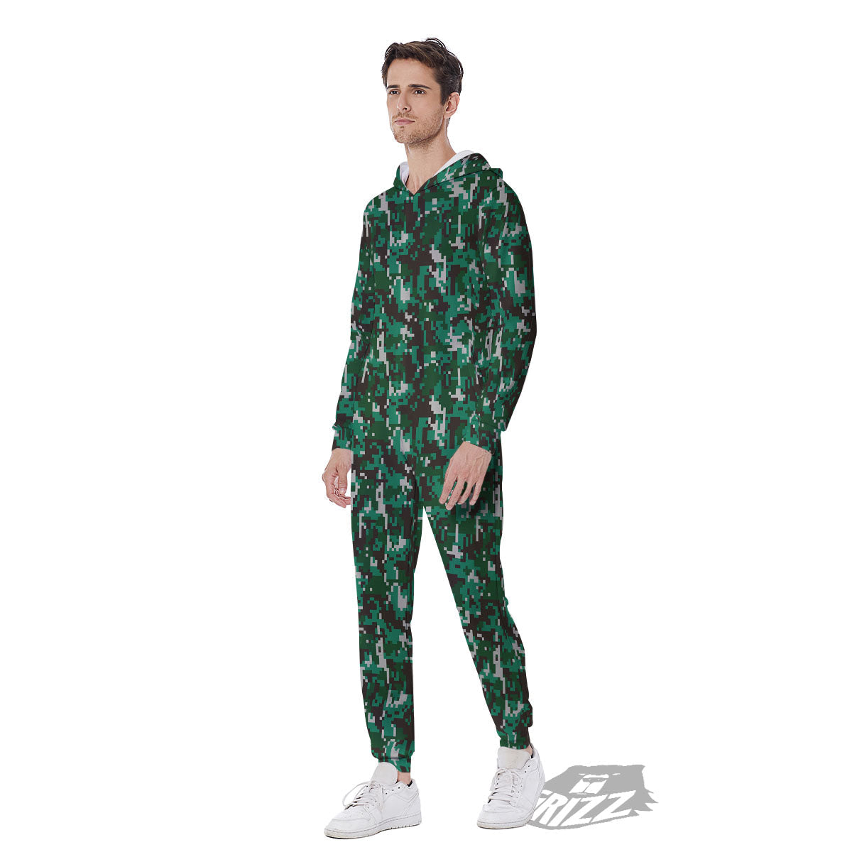 Digital Camo White And Green Print Men's Jumpsuit-grizzshop