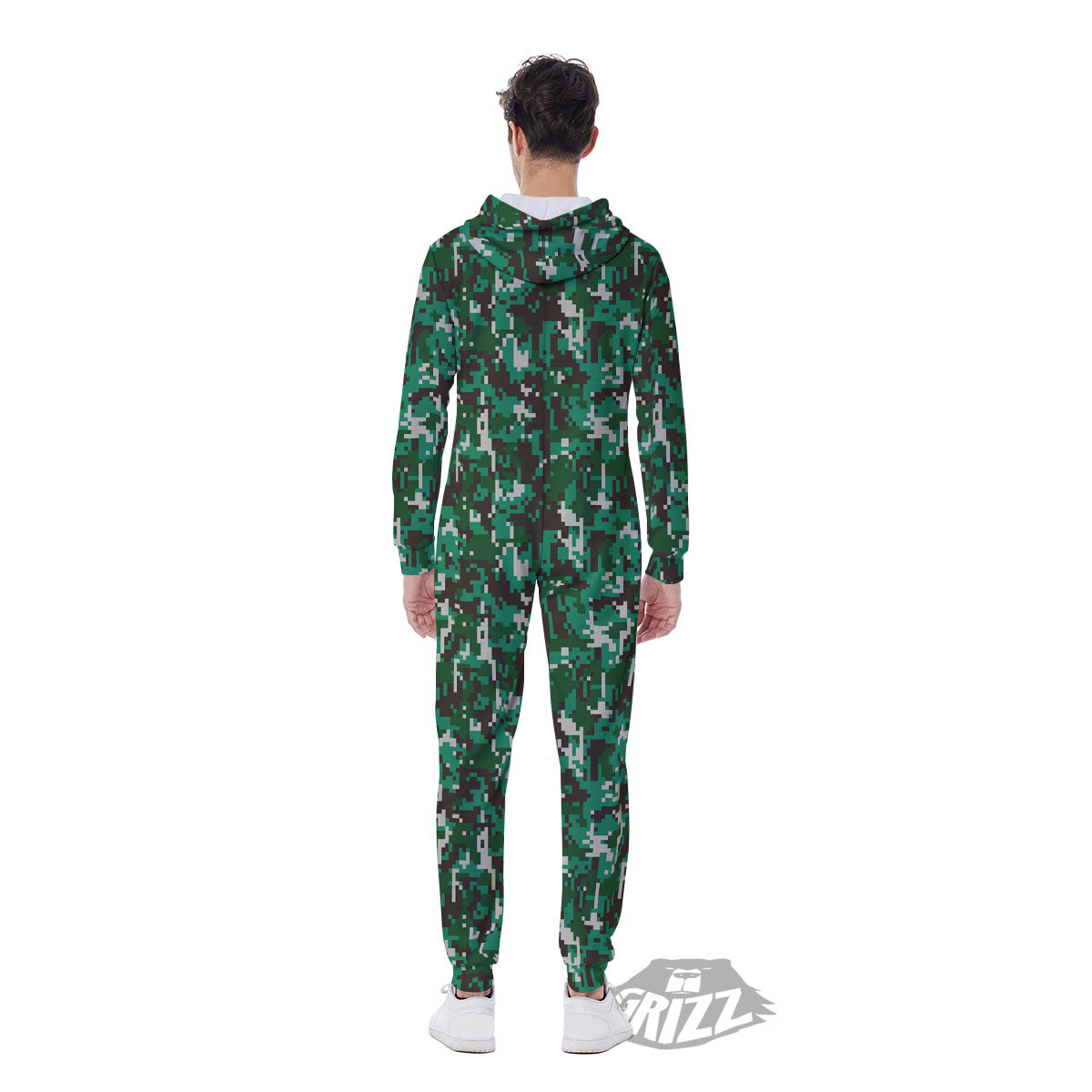 Digital Camo White And Green Print Men's Jumpsuit-grizzshop