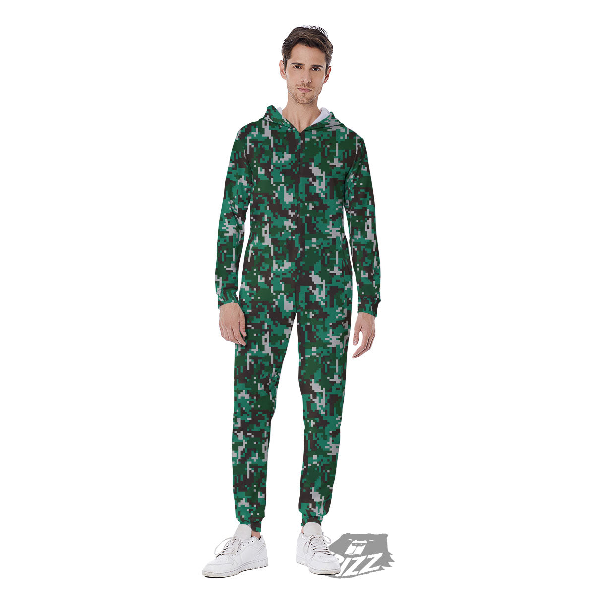 Digital Camo White And Green Print Men's Jumpsuit-grizzshop