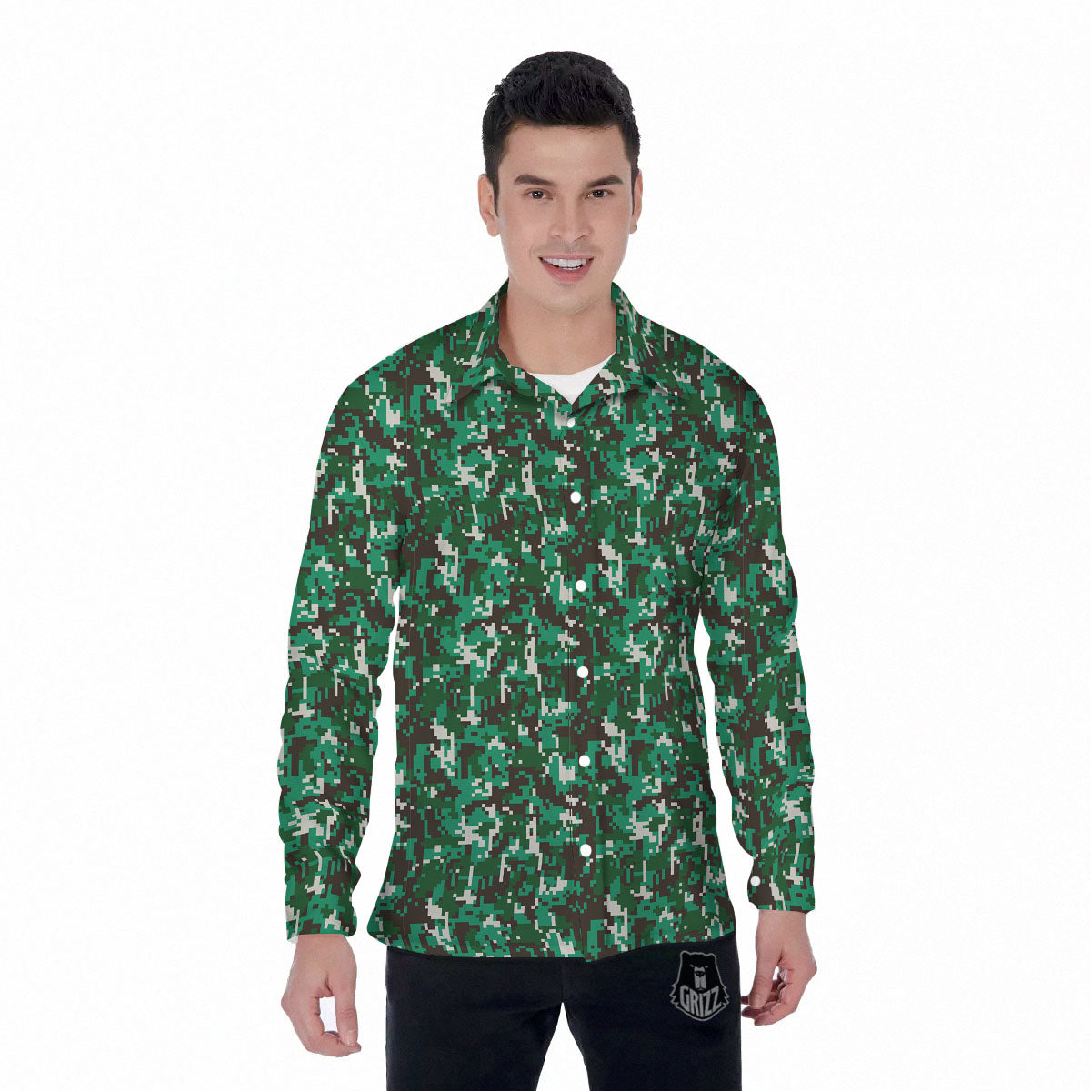 Digital Camo White And Green Print Men's Long Sleeve Shirts-grizzshop