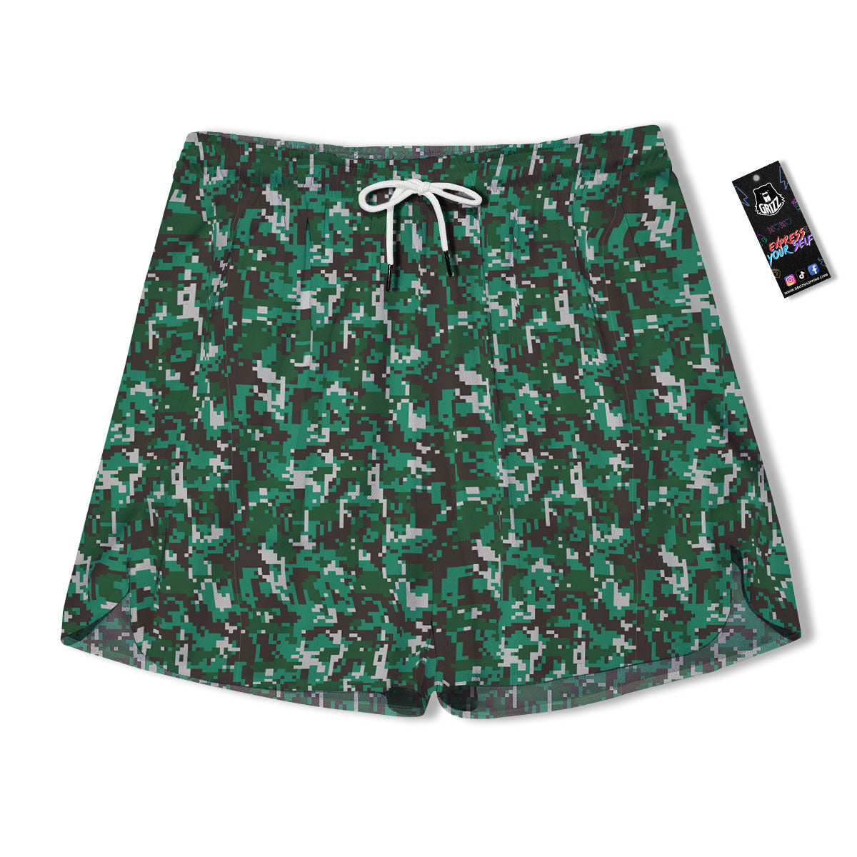 Digital Camo White And Green Print Men's Running Shorts-grizzshop