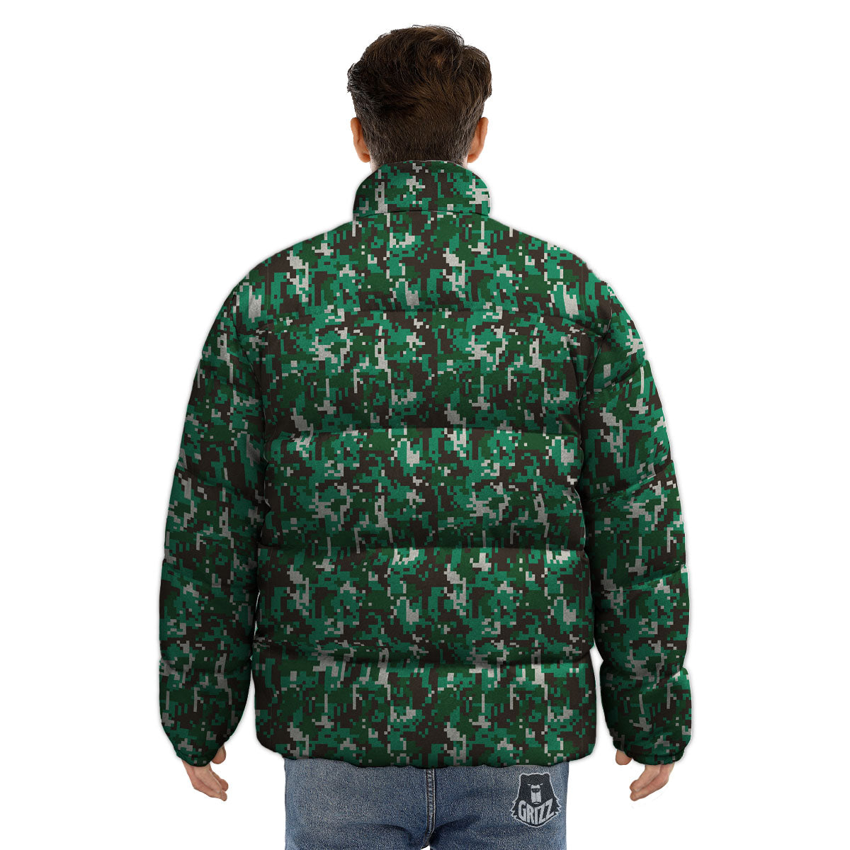 Digital Camo White And Green Print Puffer Jacket-grizzshop