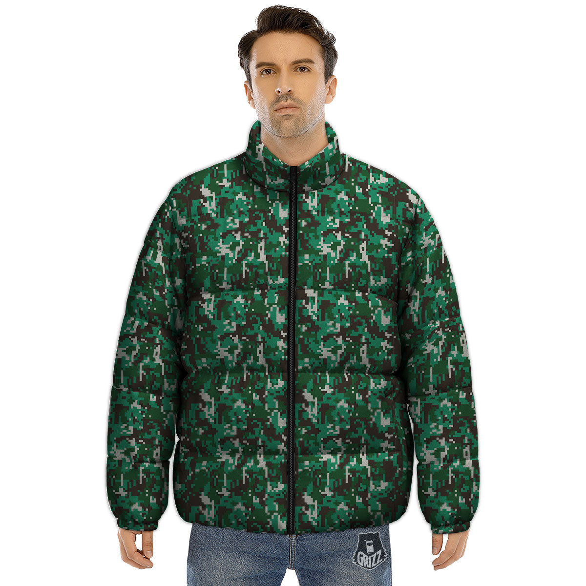 Digital Camo White And Green Print Puffer Jacket-grizzshop