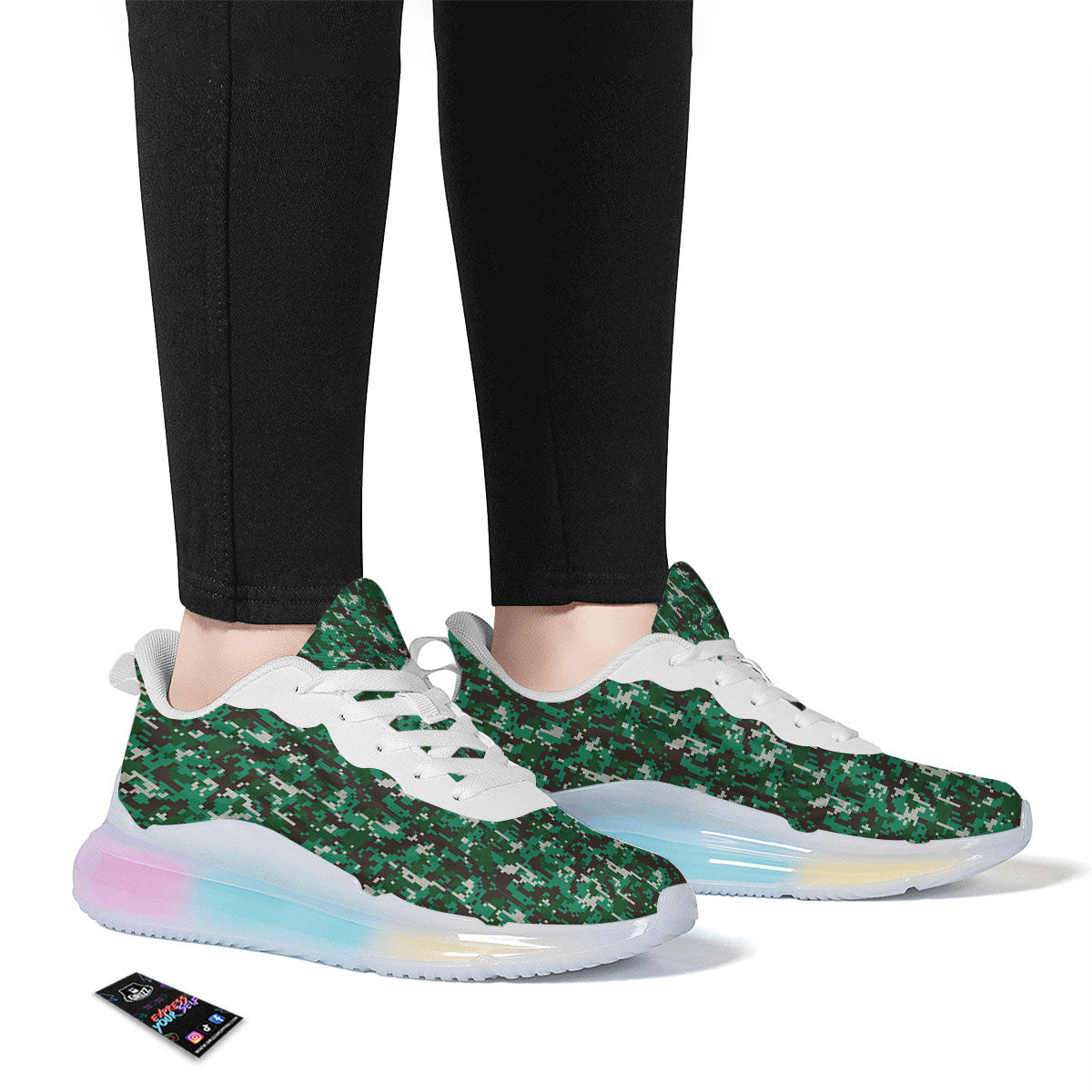 Digital Camo White And Green Print Running Sneakers-grizzshop