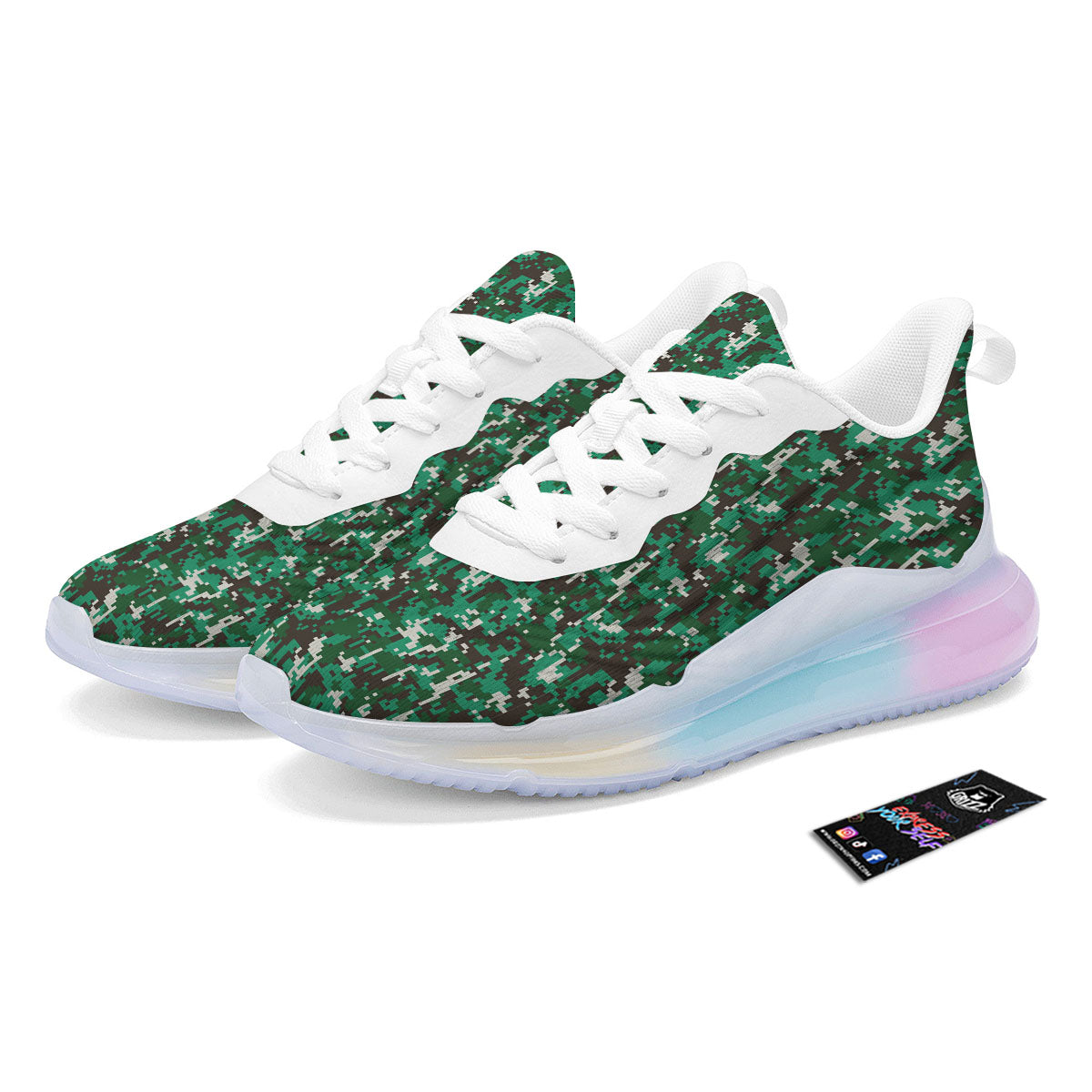 Digital Camo White And Green Print Running Sneakers-grizzshop