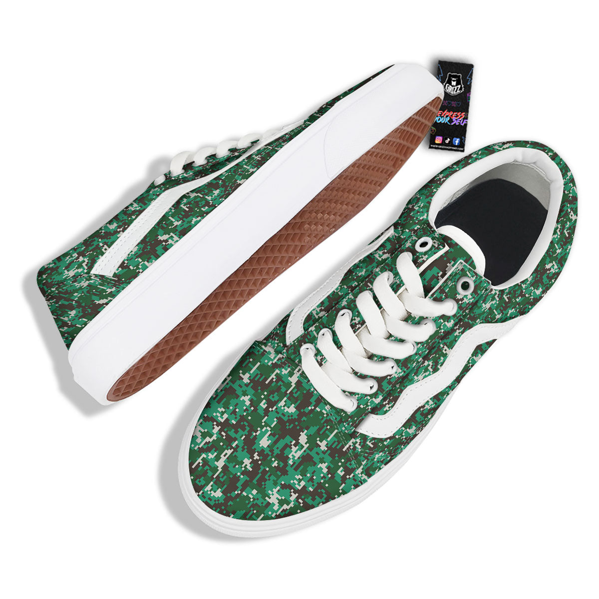 Digital Camo White And Green Print Skate Shoes-grizzshop