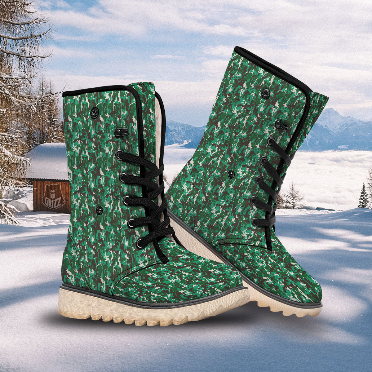 Digital Camo White And Green Print Snow Boots-grizzshop