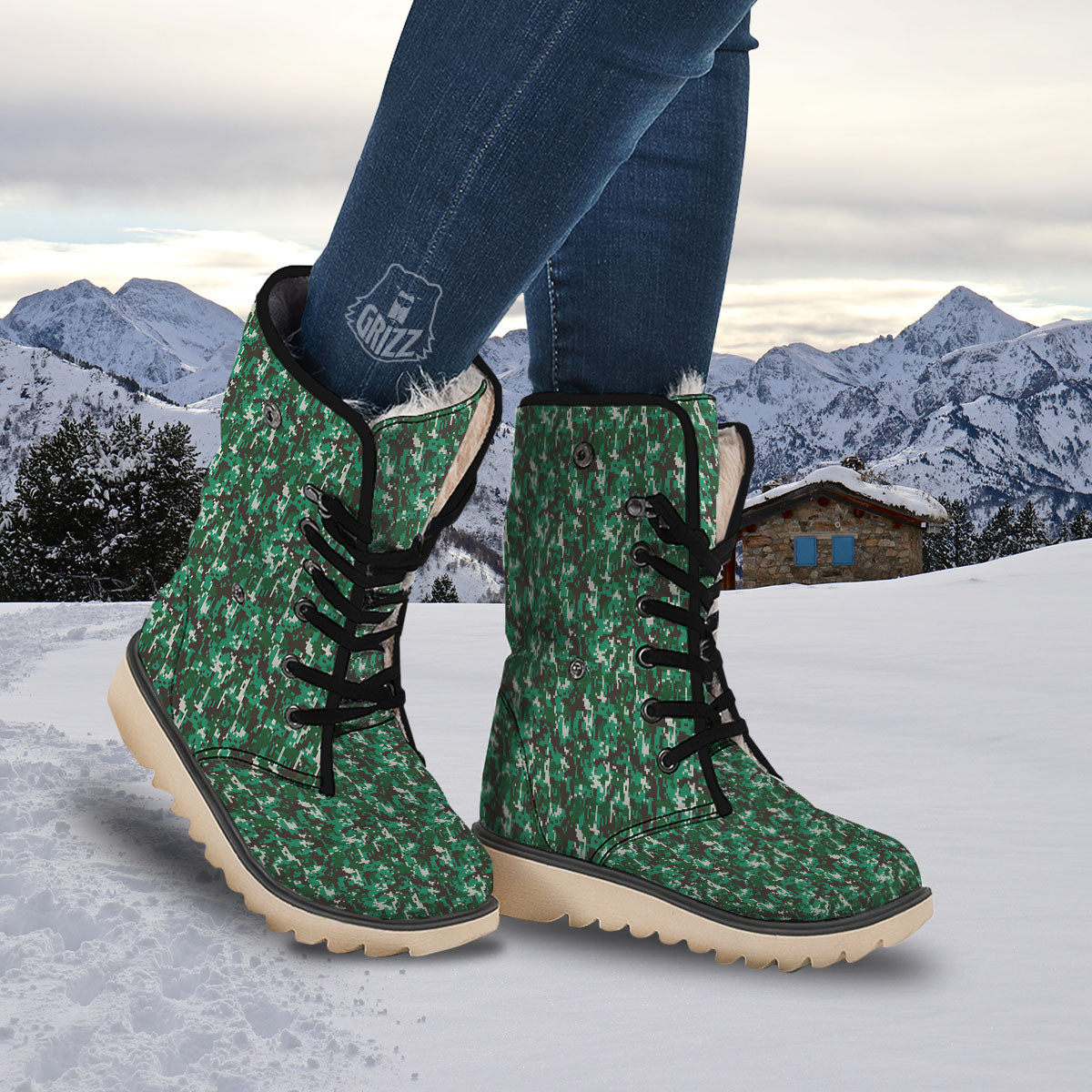 Digital Camo White And Green Print Snow Boots-grizzshop