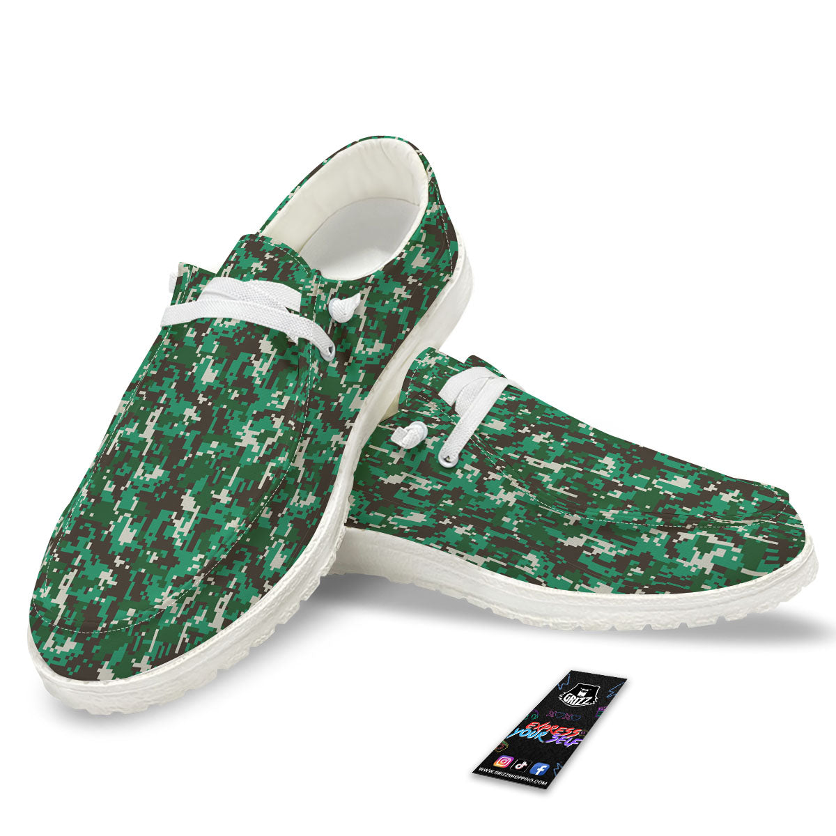Digital Camo White And Green Print White Loafers-grizzshop