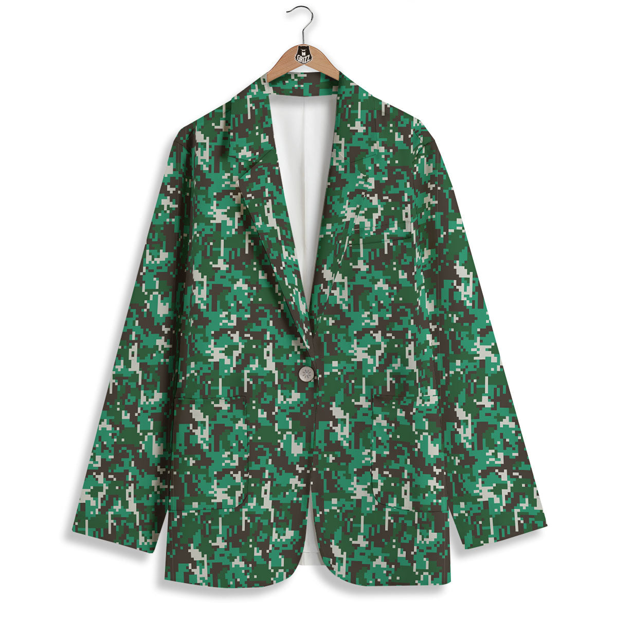 Digital Camo White And Green Print Women's Blazer-grizzshop