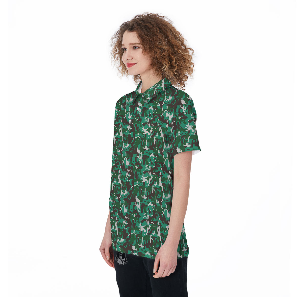 Digital Camo White And Green Print Women's Golf Shirts-grizzshop