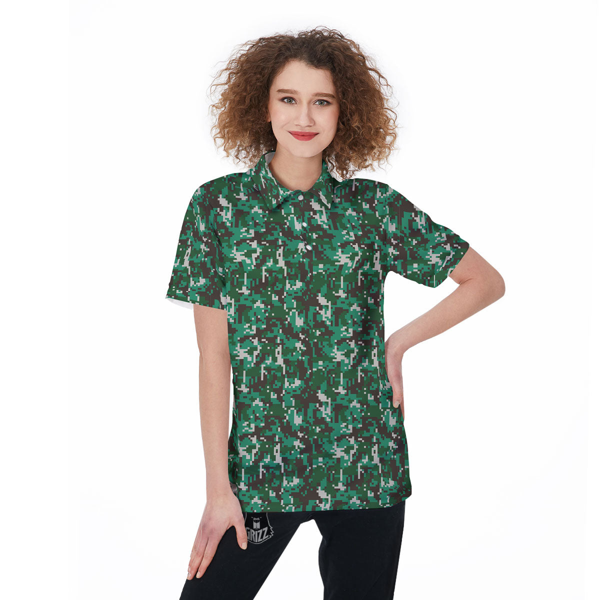 Digital Camo White And Green Print Women's Golf Shirts-grizzshop