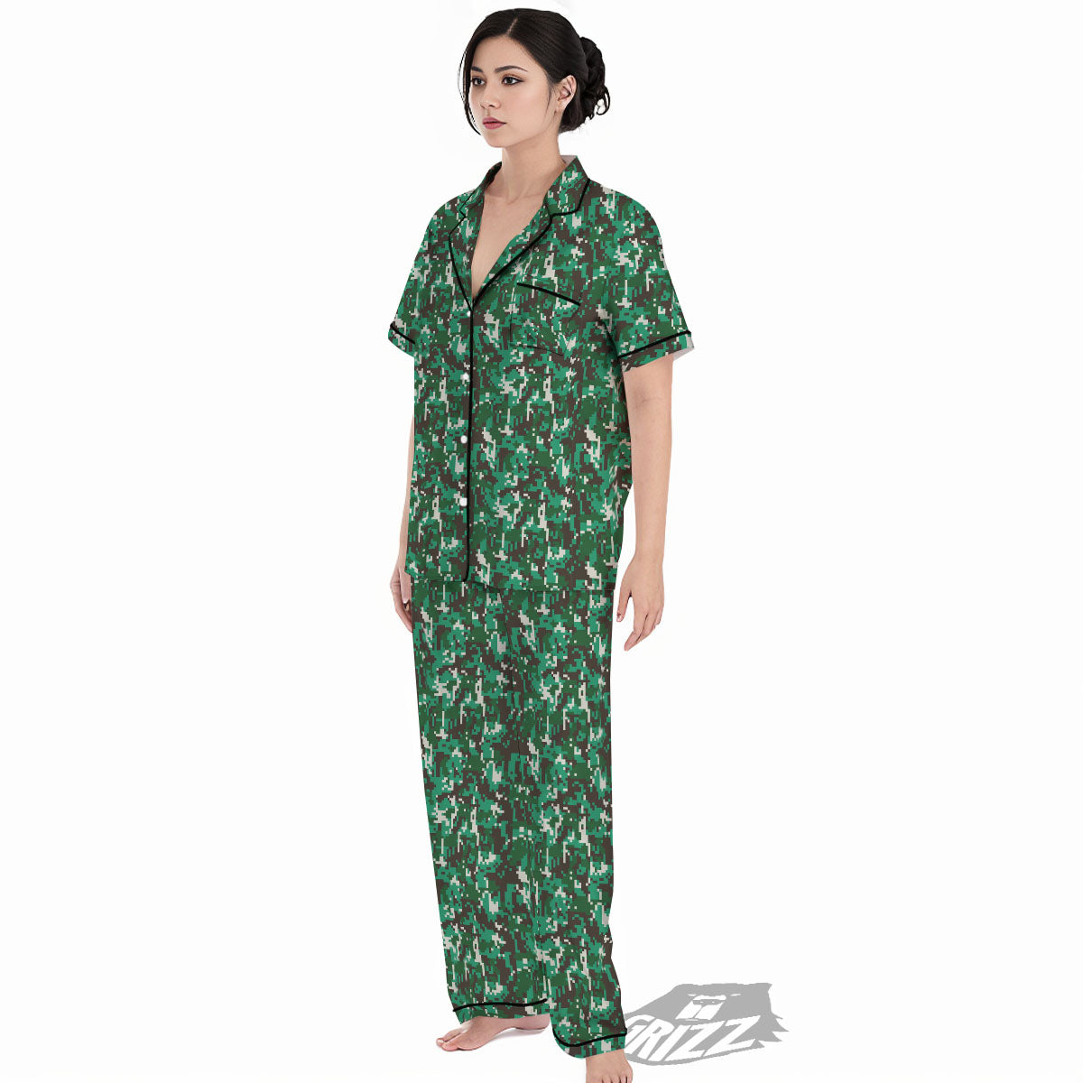 Digital Camo White And Green Print Women's Pajamas Set-grizzshop