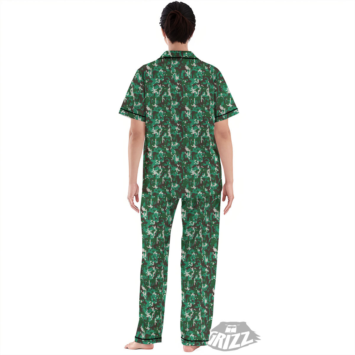 Digital Camo White And Green Print Women's Pajamas Set-grizzshop