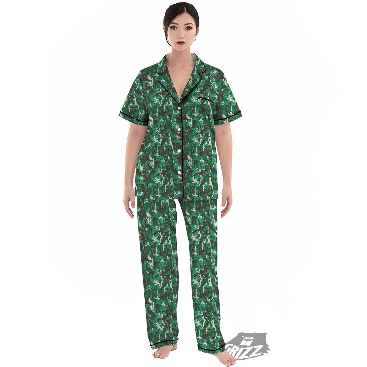 Digital Camo White And Green Print Women's Pajamas Set-grizzshop