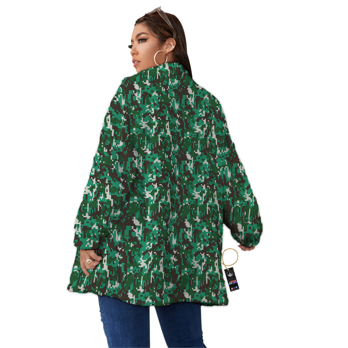 Digital Camo White And Green Print Women's Sherpa Jacket-grizzshop