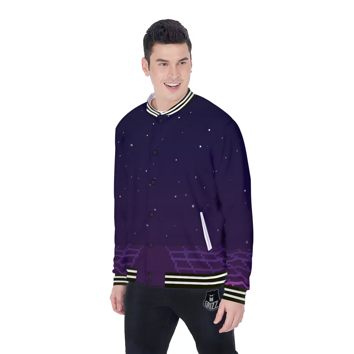 Digital Landscape 8-Bit Pixel Print Baseball Jacket-grizzshop