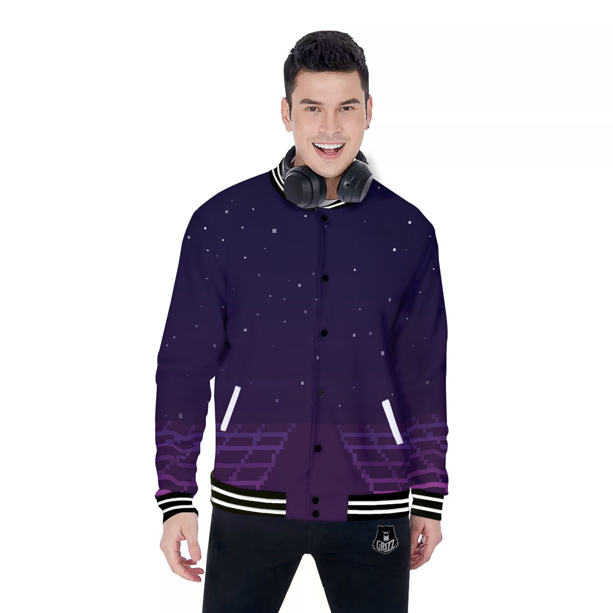 Digital Landscape 8-Bit Pixel Print Baseball Jacket-grizzshop