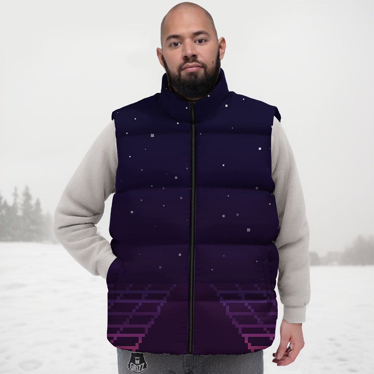Digital Landscape 8-Bit Pixel Print Down Vest-grizzshop