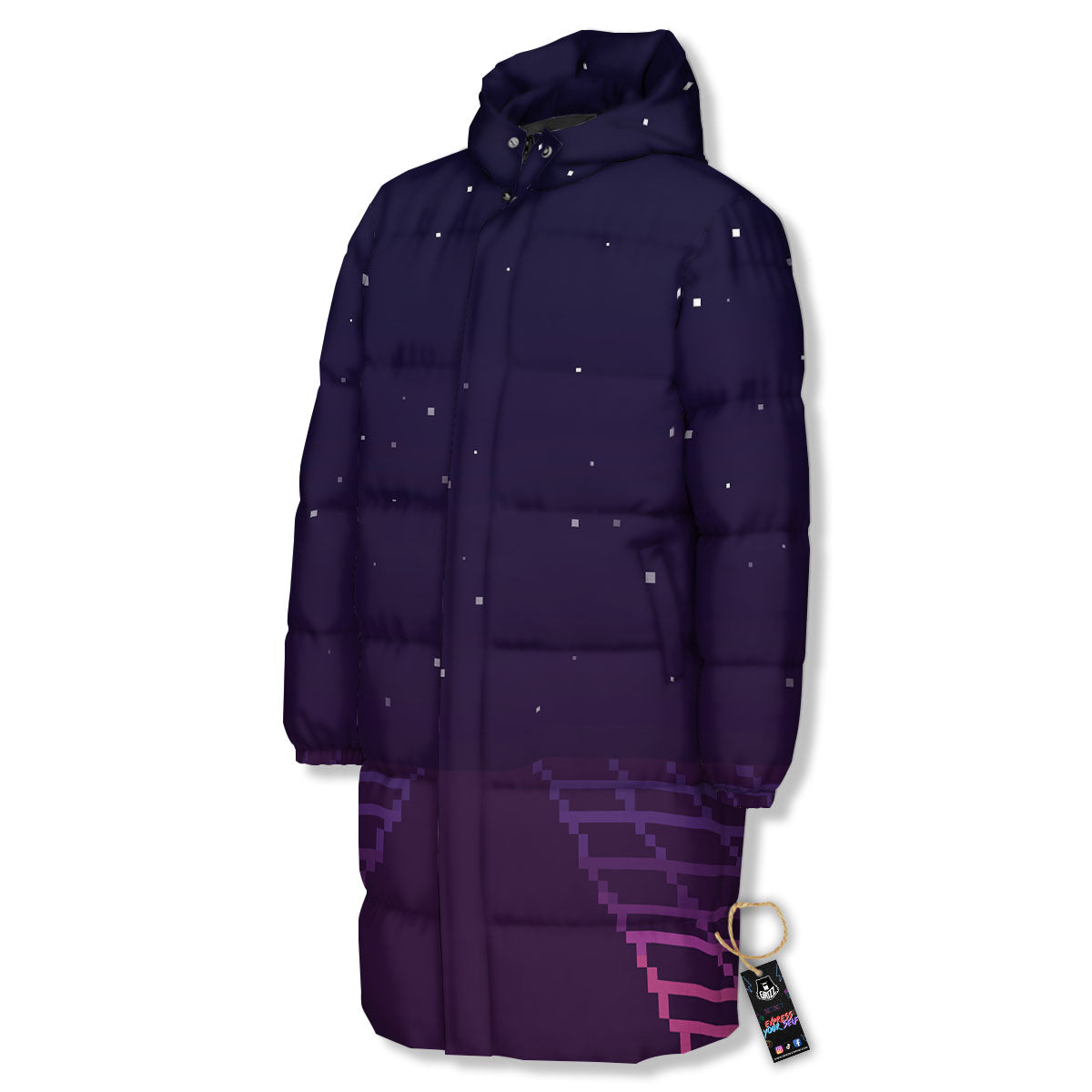 Digital Landscape 8-Bit Pixel Print Long Down Jacket-grizzshop