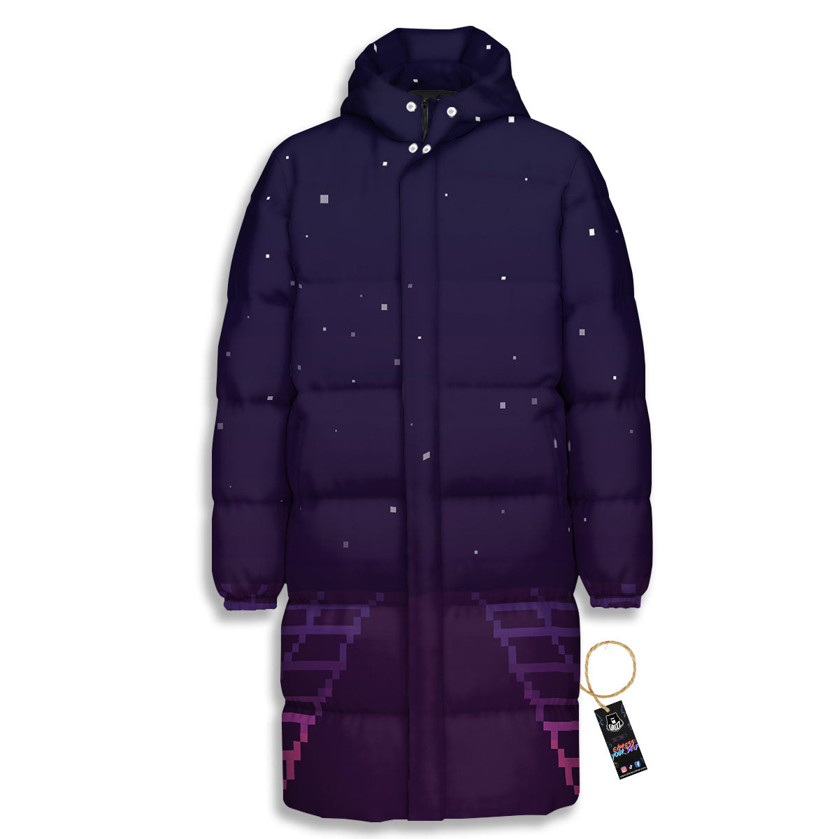 Digital Landscape 8-Bit Pixel Print Long Down Jacket-grizzshop