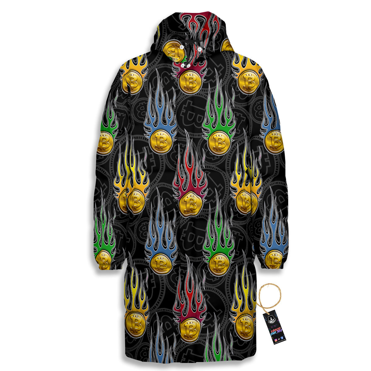 Digital Bitcoin On Fire Print Pattern Long Down Jacket