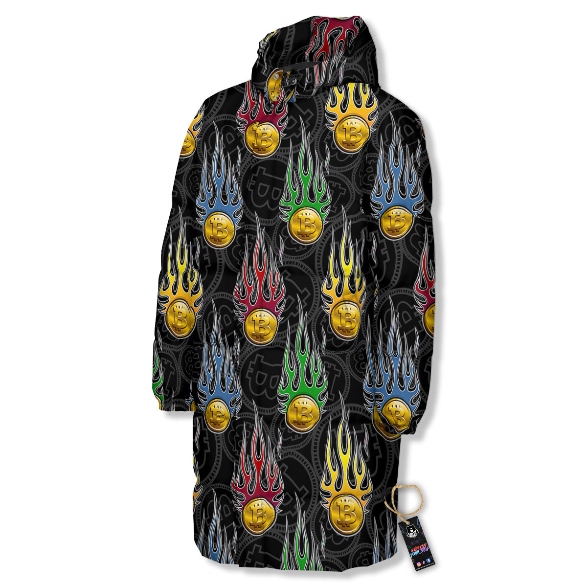 Digital Bitcoin On Fire Print Pattern Long Down Jacket