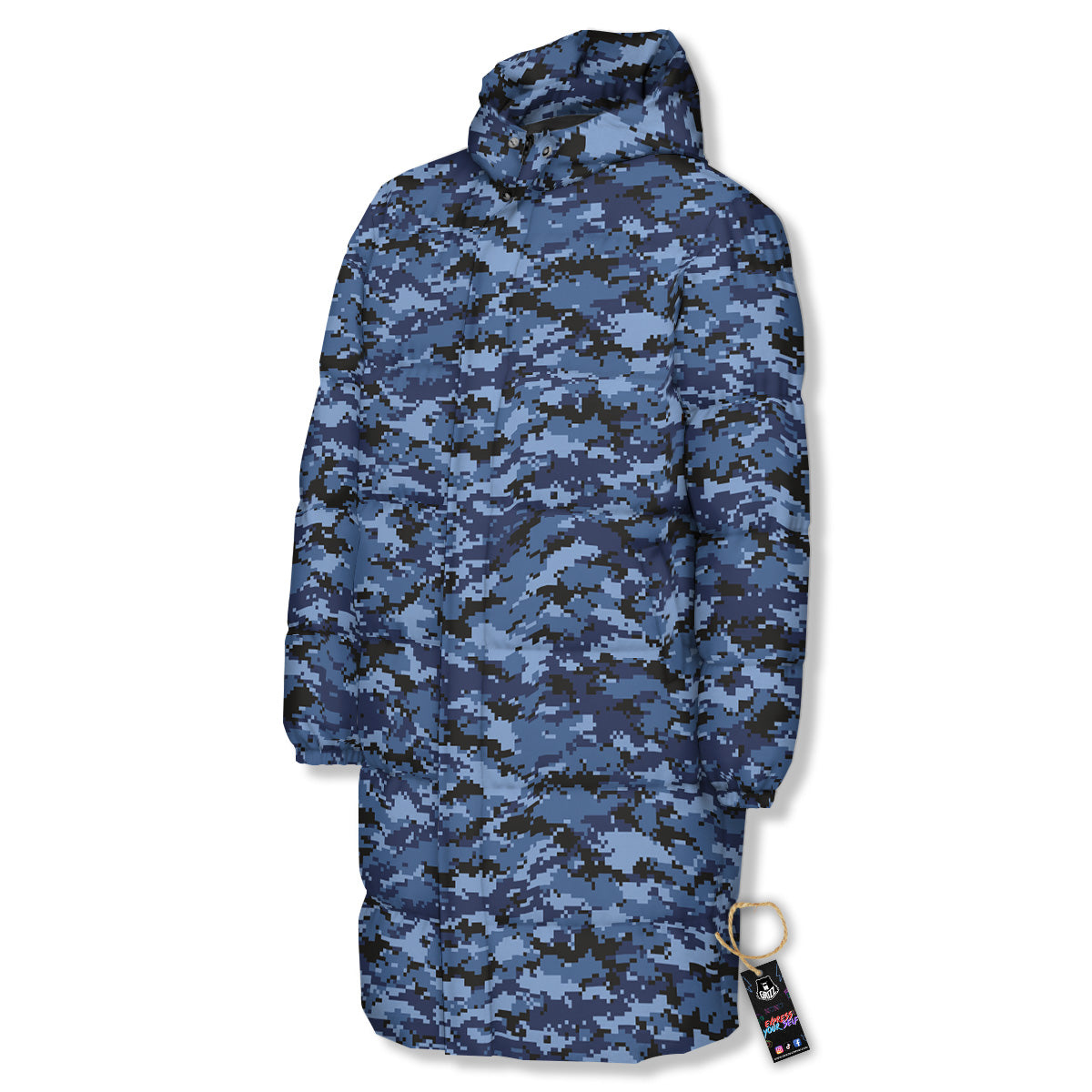 Digital Camo Black And Blue Print Long Down Jacket