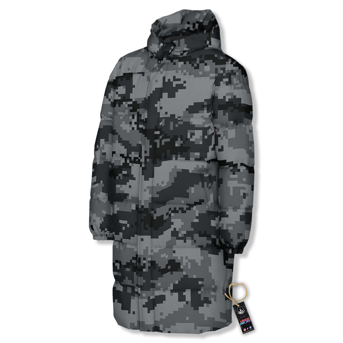 Digital Camo Grey And Black Print Long Down Jacket