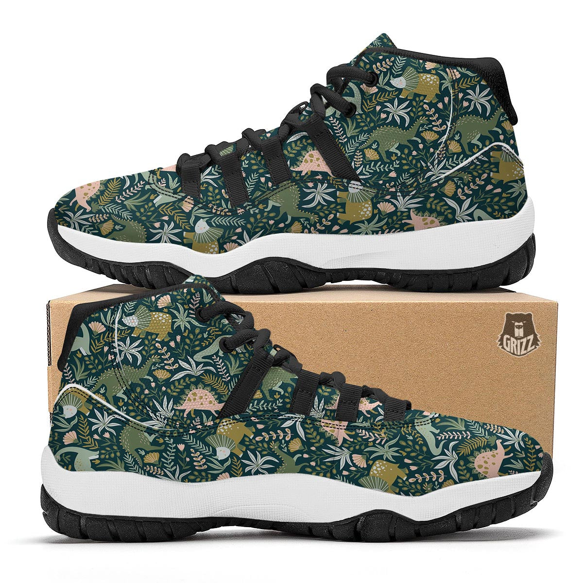 Dino Dinosaur Flower Leaf Pattern Print Black Bball Shoes-grizzshop